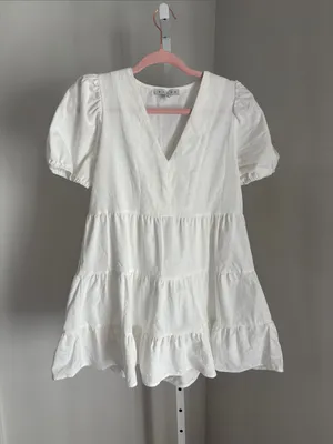 HYFVE Women's Off White Tiered V-Neck Short Sleeve Babydoll Dress Size Small thumbnail 3