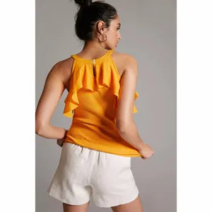 Anthropologie Maeve Orange Ruffled Rib Halter Tank Top Large thumbnail 2
