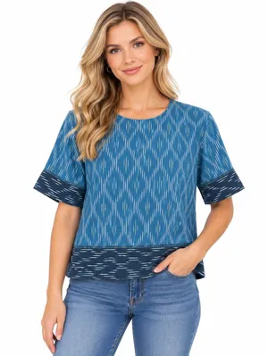 J Jill Pure Jill Women's Small Blue Ikat Print Dragonfly Cotton Oversized Boxy thumbnail 1