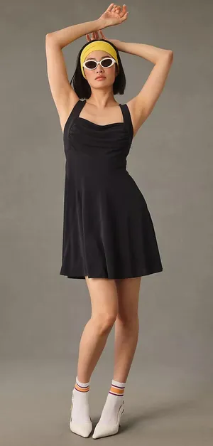 NWT Ruched Square-Neck Black Mini Dress. Size Large thumbnail 4