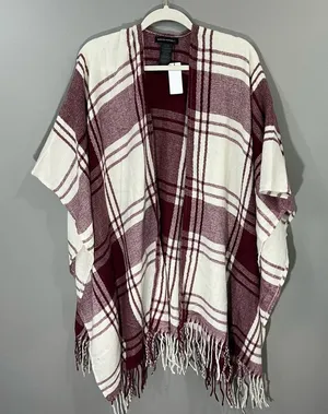Banana Republic Cashmere Blend Knit Wrap Mariana Plaid Red Cream Fringe One Size thumbnail 1