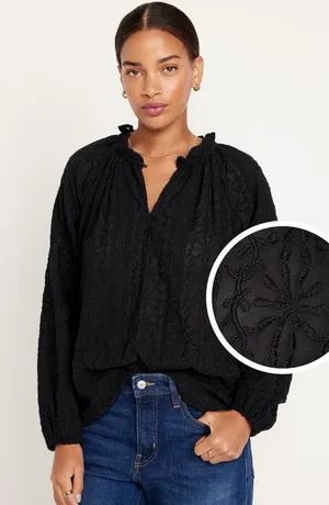 Old Navy Ruffle Trim Split Neck Top in Black - Size: Medium thumbnail 1
