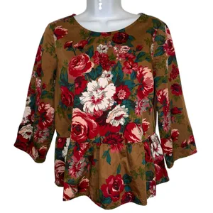 BROOKS BROTHERS Red Fleece Floral Peplum Cotton Blouse 3/4" Sleeves EUC‎ Size 6 thumbnail 2