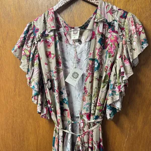 NEW BALIelf Made by Hand Carmen Wrap Short Sleeve Maxi Dress Beige Floral XL thumbnail 10