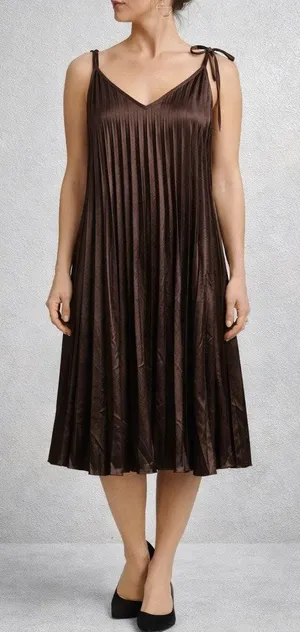 Annabelle Brown Satin Pleated Tie Strap Midi Dress Sz L NWT thumbnail 1