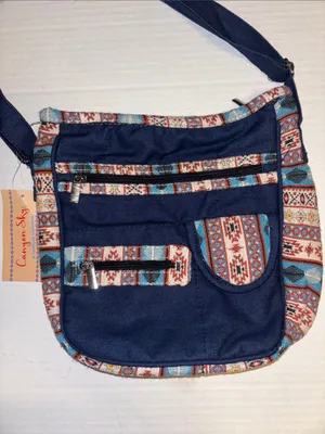 Canyon Sky Blue Denim Bag With Southwestern Embroidery Along Edges Multicolored thumbnail 2