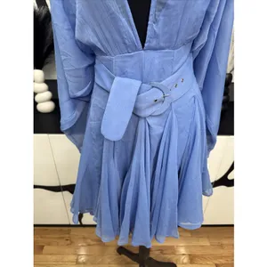 ASOS Design Blue Chiffon Mini Dress Belted Plunge Long Sleeve NWT US 4 thumbnail 4