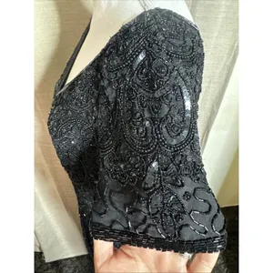Vintage 90s Papell Boutique Black silk floral beaded sequin gown black tie Sz 14 thumbnail 6