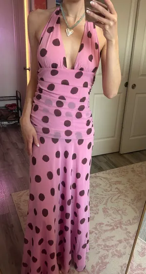 Zara Pink and Brown Polka Dot Maxi Dress Small thumbnail 1