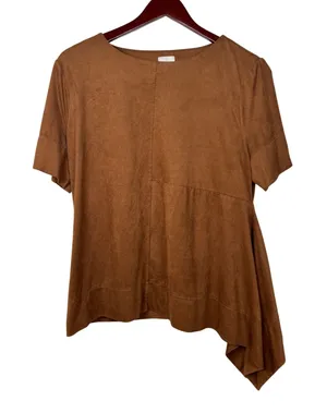 Chico's Women's 1 Brown Suede Angled Asymmetrical Tunic Top Short‎ Sleeve Medium thumbnail 1