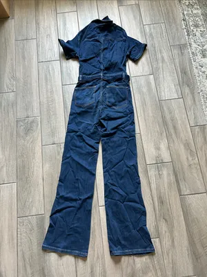 Frame Denim Dark Blue Short-Sleeve Denim Jumpsuit with Tie Waist thumbnail 4