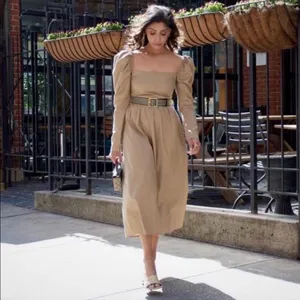 Reformation Luce Long Sleeve Midi Dress in Khaki Tan thumbnail 3