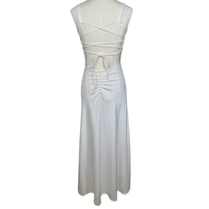 NWOT Halara White Ruched Lace Up Open Back Bodycon Pencil Maxi Dress Size M thumbnail 5