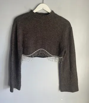 Zara Brown Cropped Knit Sweater Rhinestone Fringe Mock Neck Long Sleeve Medium thumbnail 1