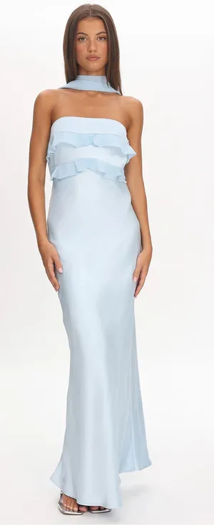 Selfie Leslie Damsel Reverse Halter Frill Trim Maxi Baby Blue thumbnail 1