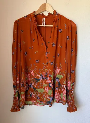Anthropologie Floral Bird Print Ruffle Neck Blouse Orange Boho Size M thumbnail 1