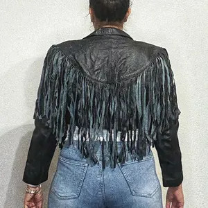 Vintage Black Leather Western Moto Fringe Cropped Jacket Sz M thumbnail 10