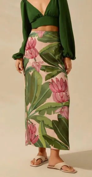 SheIn Tropical Floral Palm Print Maxi Skirt Pink Green Resort Vacation thumbnail 1