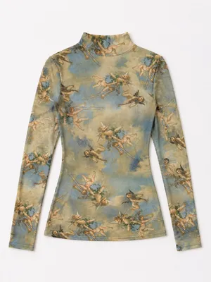 Sweet Lilac XS Cherub Angel Print Sheer Mesh Mock Neck Long Sleeve Top thumbnail 2