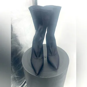 Stiletto Heel Pointed‎ Toe Sock Boots Stretch Knit Ankle Booties Black thumbnail 2