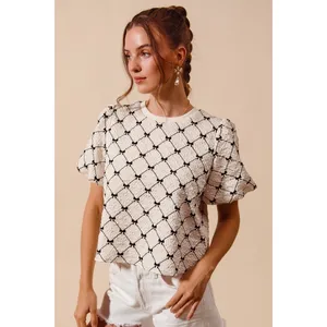 SO ME Bow Texture Woven Bubble‎ Sleeve Top - Ivory - Large thumbnail 2