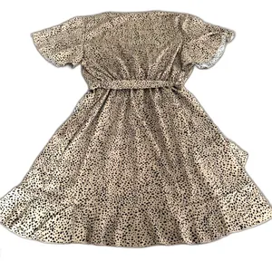 SHEIN Size M Tan Black Spotted Wrap Dress Ruffle Flutter Sleeve Belted Leopard thumbnail 2