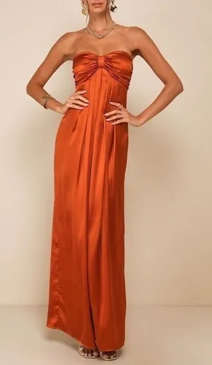Lulus Memorable Entrance Maxi Dress Womens XS Rust Orange Satin Strapless Fitted thumbnail 1