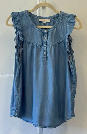 LOFT Blue Lyocell Chambray Ruffle Sleeve Henley Blouse Top Large Casual Office thumbnail 1