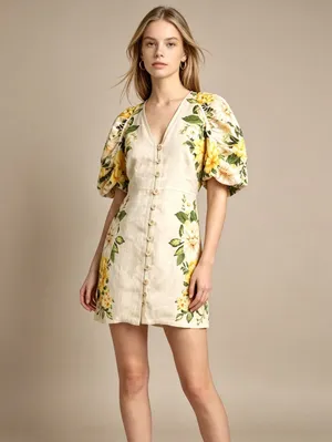 NWOT Farm Rio Linen Sand Garden Cascade Puff Sleeves Mini Dress Size L thumbnail 2