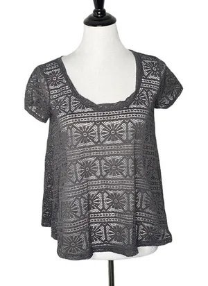 American Eagle Crochet Sheer See Though Top Size S Gray BOHO Lace Short Sleeve thumbnail 1