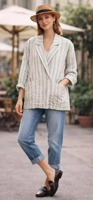 Maeve by Anthropologie Women’s Textured Cotton Stripe Blazer Jacket Relaxed Sz M thumbnail 1