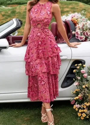 SheIn Pink floral cutout dress thumbnail 1