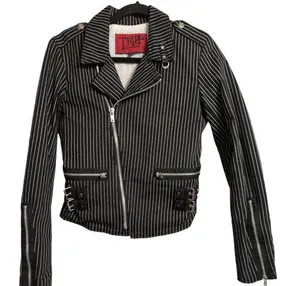 Tripp NYC Black White Striped Asymmetrical Zip Biker Jacket Moto Size M thumbnail 1