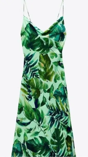 Zara Green Tropical Palm Leaf Satin Long Maxi Slip Dress Size XS thumbnail 1