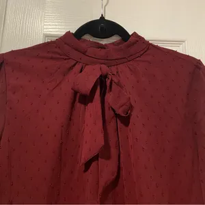 NWT Aconiya Size M Burgundy Swiss Dot Chiffon Lined High Neck Bow Lined Top thumbnail 2