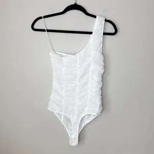 Le Lis Anthropologie One-Shoulder Ruched‎ Bodysuit Medium White Mesh NWT thumbnail 6