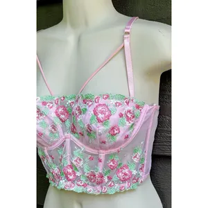 Fairycore Coquette Pink Green Floral Embroidered Corset Top Finesse Olivia M thumbnail 4