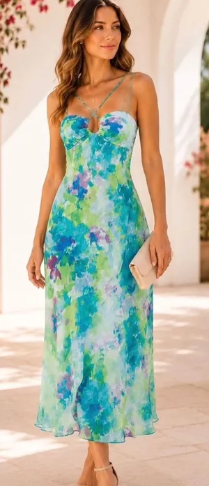 Morgan & Co Dress Womens 13 Blue Watercolor Floral Midi Keyhole Tie Back 40021 thumbnail 1