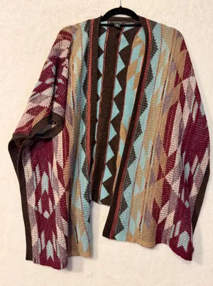 Eddie Bauer Southwestern Geometric Open Front‎ Cardigan Sweater Burgundy Teal L thumbnail 1