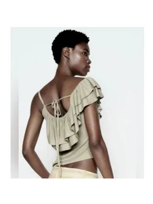 New Zara Ruffle One Shoulder Cream Soft Knit Tie Back Top L thumbnail 2