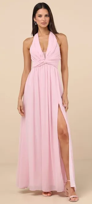 NWT Lulus Marilina Light Pink Pleated Twist-Front Maxi Dress Bridesmaid Gala L thumbnail 1