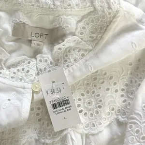 LOFT Women Large White Eyelet Embroidered Flutter Sleeve Tunic Top Boho L Summer thumbnail 4