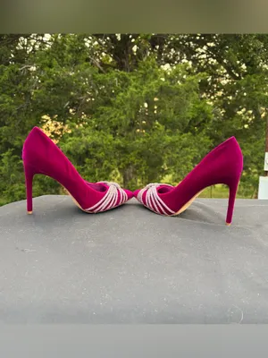 Vince Camuto Faine Magenta Velvet Rhinestone Bow Pointed Toe Pumps Heels Shoes 8 thumbnail 9