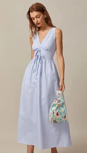 Rihoas Blue V Neck Shirred Striped Maxi Dress thumbnail 1