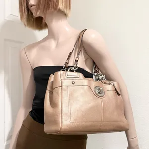COACH F16531 Penelope Metallic Golden Beige Pebbled Leather Carryall Satchel Bag thumbnail 4