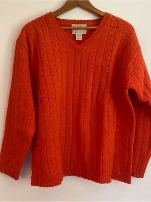 Express Tricot Orange Ribbed V-Neck Sweater 100% Wool Vintage thumbnail 1