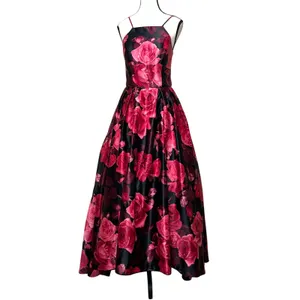 Betsy & Adam Floral Rose Satin Gown Black Red Lace Up A-Line Prom Formal Size 8 thumbnail 3
