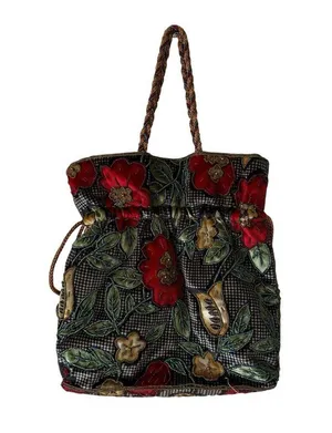 Floral Beaded women's handbag with drawstring and snap closure Brown thumbnail 2