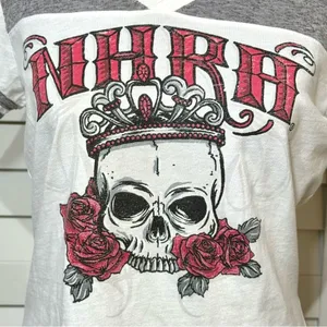 NHRA Racing Womens Graphic Tee L Skull Roses Crown‎ Gray White V Neck DistRICT thumbnail 3