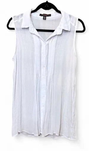 Fever White Sleeveless Collared Button Up Blouse with Pleated Front Sz M thumbnail 1